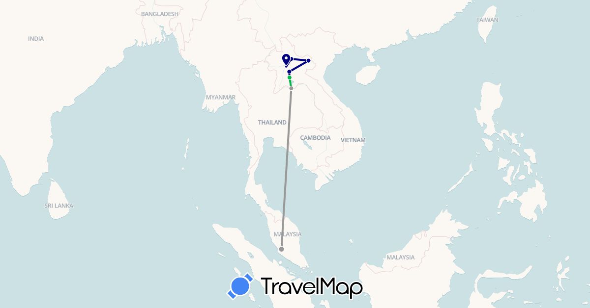 TravelMap itinerary: driving, bus, plane in Laos, Malaysia (Asia)